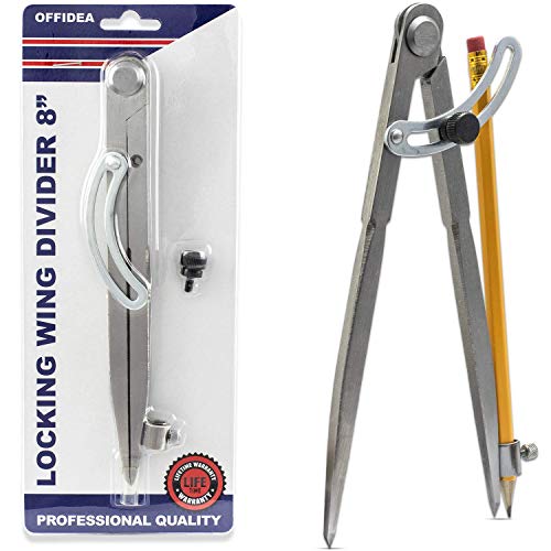 Offidea Professional Woodworking Compass with Wing and Pencil Holder, 8 Inch - Ideal Large Compass for Geometry, Drawing, Drafting - Perfect Pencil Compass for Carpenter