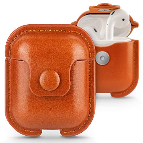 Genuine Leather Airpods Case Cover, NineUp Skin/Cover for Airpods 2 & 1, Full Protective Premium Hard Case, Shockproof/Dustproof, Support Airpods 2 Wireless Charging (Brown)