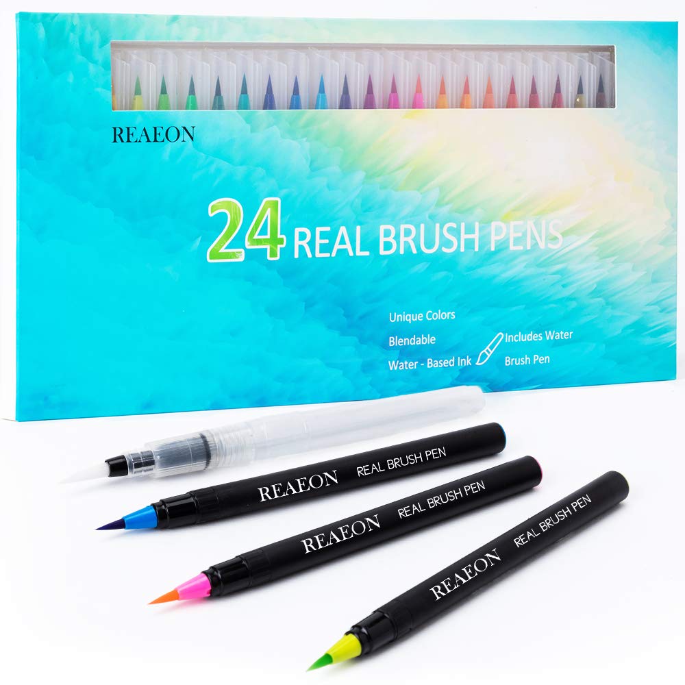 Book Cover Watercolor Brush Pens, Real Brush Pen, 24 Color Painting Markers with Flexible Nylon Tips for Drawing Calligraphy Coloring, 1 Bonus Water Brush Pen for Artists and Beginner Painters