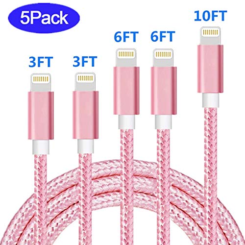 Book Cover Sharllen iPhone Charger MFi Certified Lightning Cable 3/3/6/6/10FT 5Pack Nylon Braided USB Fast iPhone Charging Cable&Syncing Long Cord Compatible iPhoneXs/Max/XR/X/8/8P/7/7P/6/5/iPad/iPod (Rose Gold)