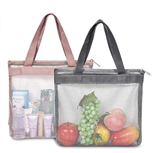 LOKASS Reusable Mesh Produce Bags Nylon Reusable Grocery Bags Small Mesh Beach Bags Durable Shower Caddies Breathable Seashell Bags for Beach for Beach Travel (Set of 2 pcs Rose Gold,Grey)
