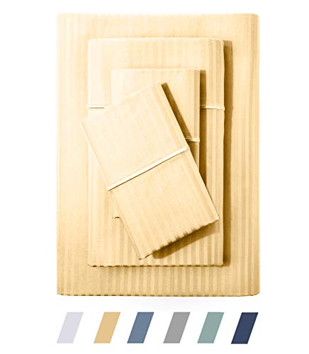 Feather & Stitch 500 Thread Count 100% Cotton Stripe Sheets Set with 2 Twin XL Fitted,1 King Flat, 2 King Pillow Cases .Soft Sateen Weave, Deep Pocket (Semolina, Split King)