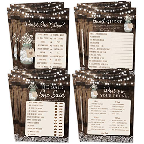 Bridal Shower Bachelorette Games, Rustic Wood Barrel Mason Jar, He Said She Said, Find The Guest Quest, Would She Rather, Phone Game, 25 games each