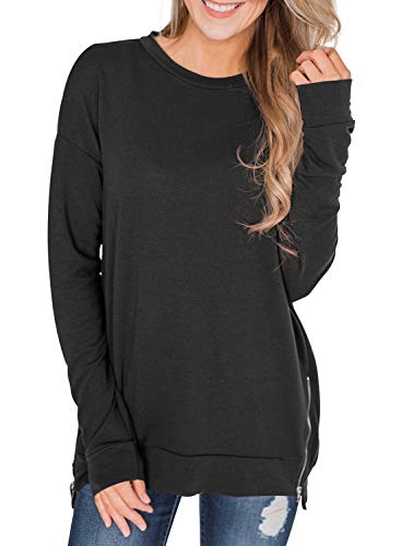 Sidefeel Women Long Sleeve Zipper Side Sweatshirt Round Neck Pullover Tops