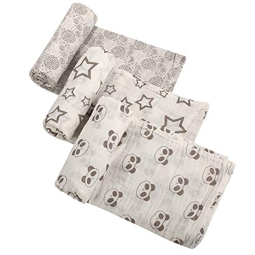 QXJ Muslin Swaddle Blankets - Soft & Silky Bamboo Muslin Receiving Blanket for Boys Girls,3 Pack Large 47x47 Inches