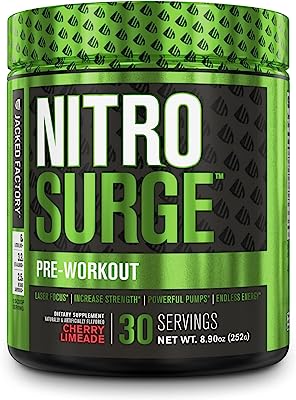 NITROSURGE Pre Workout Supplement - Endless Energy, Instant Strength Gains, Clear Focus, Intense Pumps - Nitric Oxide Booster & Powerful Preworkout Energy Powder - 30 Servings, Cherry Limeade