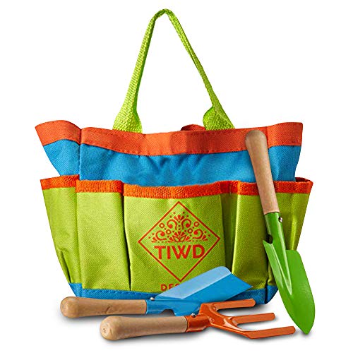 TIWD Design Kids Gardening Tools Set | Bag with 3 Safe Toy Tools for Gardens and Beach | All in one Shovels, Rake Fork, Tote Bag for Boys and Girls