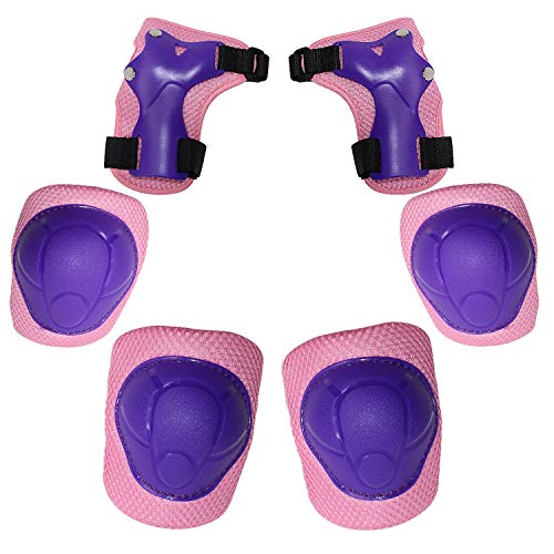 Book Cover MiNiSports Kids Protective Gear 6 in 1 Set - Toddler Knee and Elbow Pads with Wrist Guards for Rollerblade Roller Skates Cycling BMX Bike Skateboard Inline Skatings Scooter Riding Sports (Pink)