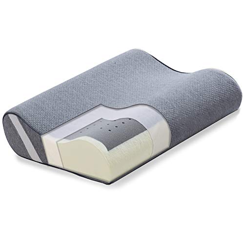 wavveUziz Contour Memory Foam Pillow - Orthopedic Cervical Pillows for Neck Pain, Neck Support for Back, Side Sleepers - Bamboo Charcoal Bed Pillows with Washable Zippered Cover - Standard Size