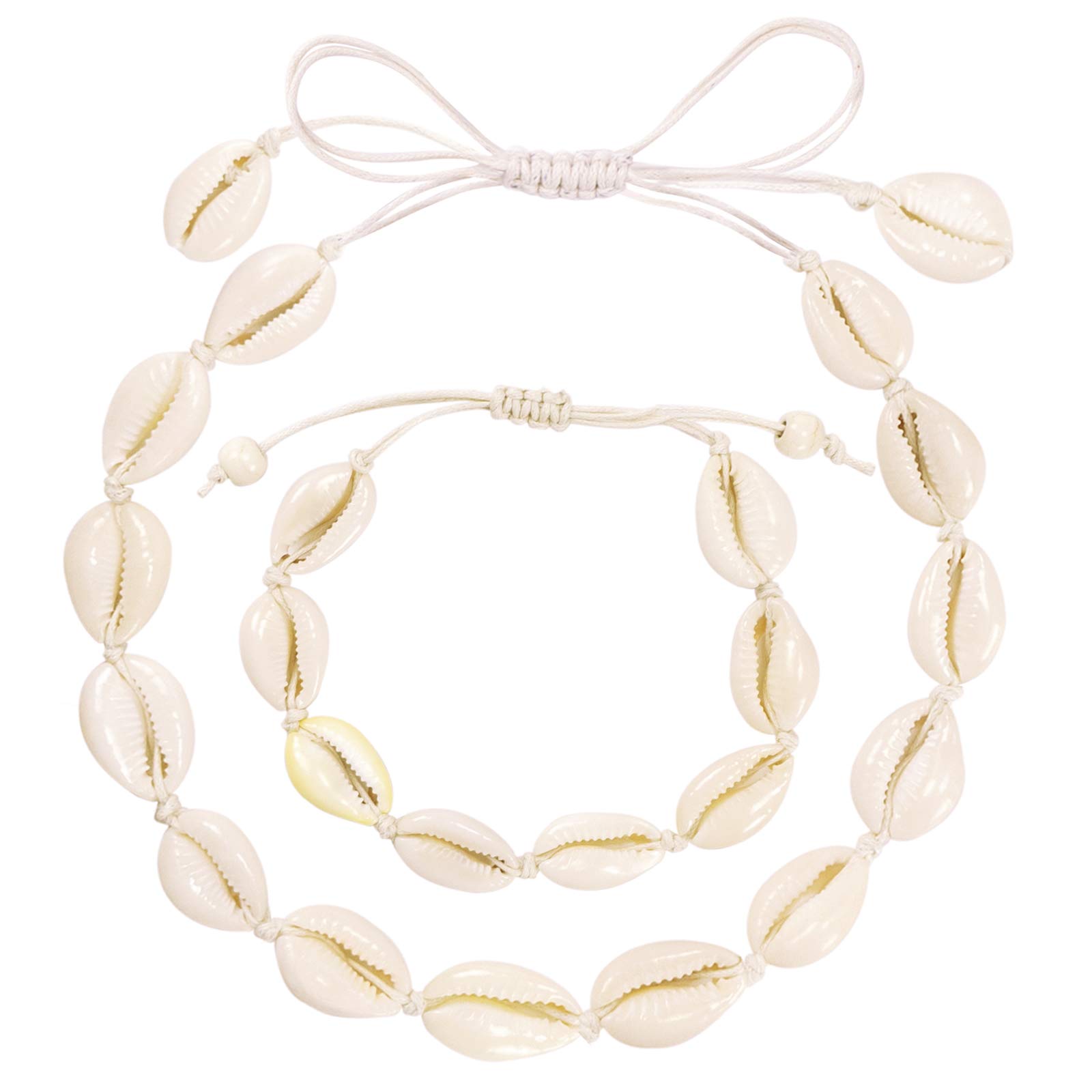 Puka Shell Necklace Choker - White Seashell Necklace Bracelet Set Handmade And Black Pooka Shell Necklace Choker with Pearl Hawaii Wakiki Beach for Summer