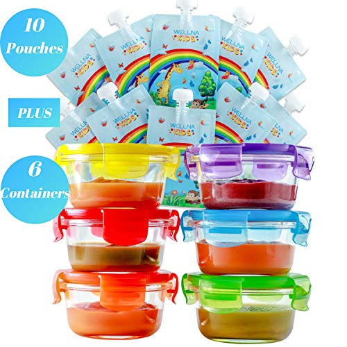 Glass Baby Food Storage Containers & Food Pouches - Set of 6 Baby Food Containers (6 Oz) and 10 Reusable Food Pouches (7 Oz), BPA FREE, Freezer, Microwave Dishwasher Safe, Baby Shower Gifts Girls Boys