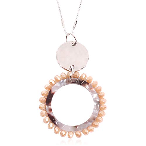 RIAH FASHION Bohemian Beaded Round Pendant Long Statement Necklace - Sparkly Crystal, Wood Braided Sun Disc Wired Circle Charm