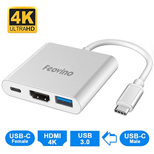 Book Cover USB-C to HDMI Multiport Adapter, Feovino USB Type C (Thumderbolt 3) to HDMI 4K, USB 3.0 HUB with Charging Port for New MacBook, MacBook Pro, iMac, Chromebook, More USB C Devices