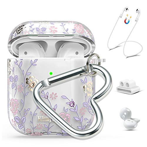 Book Cover Qeenxbar 5 in 1 Protective Cover Floral Print Cute Case Airpods Accessories Sets Bling Crystals from Swarovski with AirPods Strap/Ear Hook/Watch Band Holder/Carabiner for Apple Airpods 1 & 2