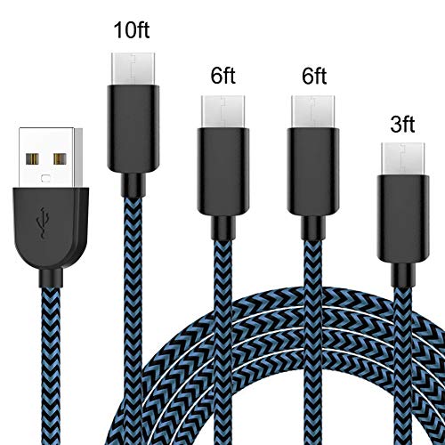 USB C Cable Fast Charge USB Type C Cable 4 Pack (3FT 6FTx2 10FT) Durable Fast Charging Cord Nylon Braided Compatible with Samsung Galaxy S10 S9 S8 Plus Note 9 8,Moto Z Z2,LG V30 V20 G5(Black Blue)