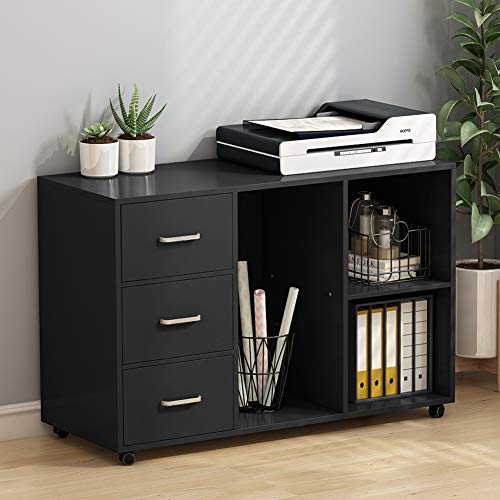 Book Cover Tribesigns 3 Drawer Wood File Cabinets, Large Modern Lateral Mobile Filing Cabinets Printer Stand with Wheels, Open Storage Shelves for Home Office Study Bedroom (Black)