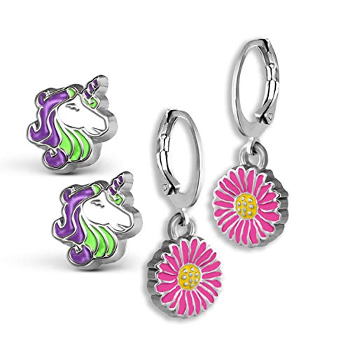 Unicorn Earrings - Adorable Unicorn Jewelry: Pink or Purple Unicorn Stud Earrings OR A Set of Two Pairs of Earrings: Unicorn Studs and Daisy Dangle Earrings