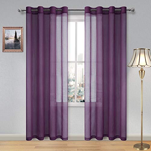 Book Cover DWCN Sheer Curtains Linen Look Grommet Curtain Panels Voile Sheer Living Room Curtains W 52x L 84 inches Long, Purple, Set of 2 Panels