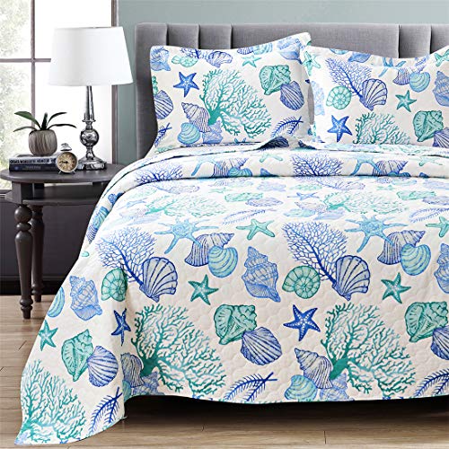 Book Cover Junsey 3 Piece Bedspreads Coverlet Set King Size Ocean Theme,Lightweight Reversible Quilts Set Seashell Conch Starfish,Ocean Creature Bedding Cover