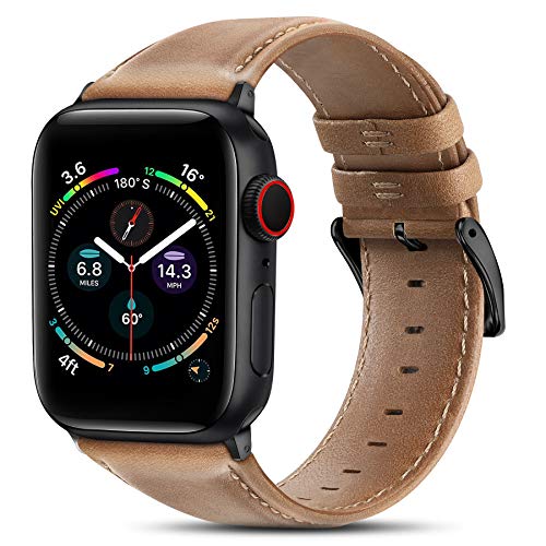 BRG Leather Bands Compatible with Apple Watch Band 44mm 42mm 40mm 38mm, Men Women Replacement Genuine Leather Strap for iWatch SE Series 6 5 4 3 2 1, Brown Band/Black Adapter, 44mm 42mm
