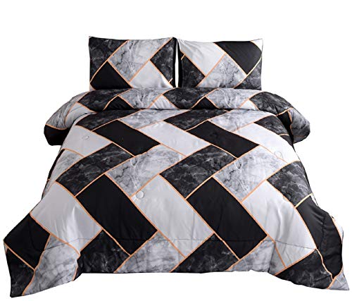 Book Cover Meeting Story Marble Geometry Pattern Bedding Set,Black Grey Abstract for Man Woman Comforter Sets,Queen Size with 2 Pillow Cases (Black-Grey-Rectangle)