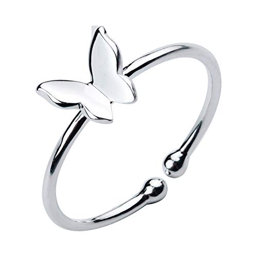 Sterling Silver 925 Dainty Butterfly Ring Minimalist Adjustable Open Tail Finger Stacking Band Promise Engagement Ring Wedding Bands Toe Band Dainty Jewelry Gifts for Women Girls Xmas Party Birthday