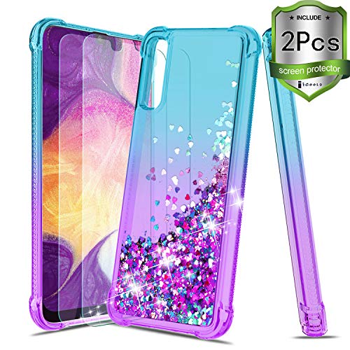 iCoold Samsung Galaxy A50 Case,W/Screen Protector Four-Corner Glitter Bling Floating Liquid Soft Silicone TPU Slim Non-Slip Shockproof Bumper Protective Phone Cover Case for Girls Women,Teal/Purple
