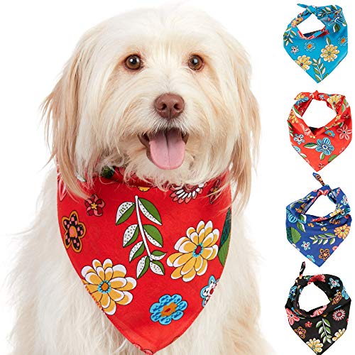 Odi Style 4 Pack Dog Bandana - Floral Design Dog Accessories, Cotton Washable Square Dog Bandanas Handkerchiefs Scarf Bibs, Puppy Dog Bandana Girl, Bandanas for Small Medium Large Dogs