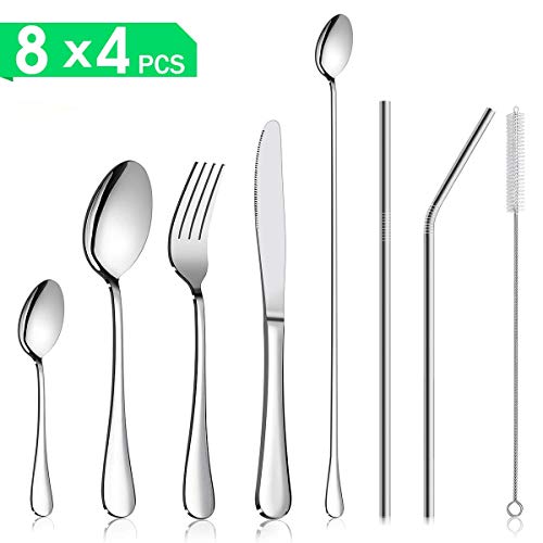 Book Cover Silverware Flatware Cutlery Set,Portable Utensils LPOLER 32 Pieces Stainless Steel Utensils Service for 4,Include Knife,Fork,Spoon,Straw and Cleaning Brush,Mirror Polished,Dishwasher Safe