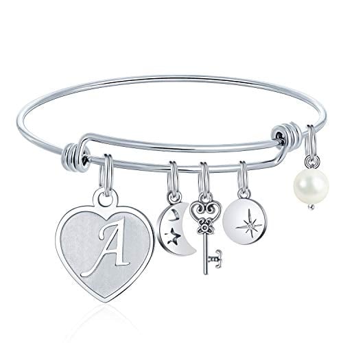 Book Cover M MOOHAM Initial Charm Bracelets for Women Gifts - Engraved 26 Letters Initial Charms Bracelet Stainless Steel Bangle Bracelet Birthday Christmas Jewelry Gift for Women Teen Girls