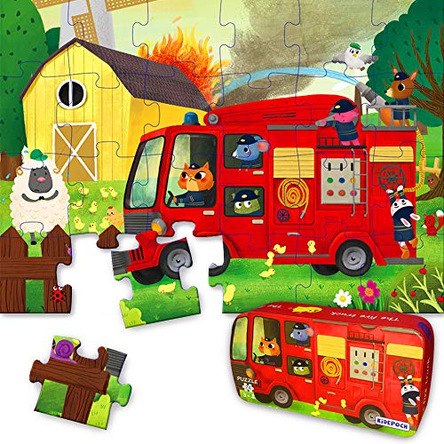Book Cover Puzzles for Kids Ages 12 Year Old 24 Pieces Large Fire Truck Kids Jigsaw Puzzles, Professional Preschool Toy Puzzles for Toddlers Boys and Girls –16”x12” with Storage Box