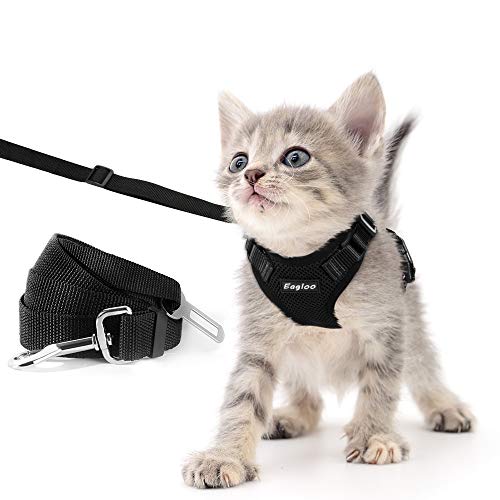 Book Cover Eagloo Cat Harness and Leash Set for Walking Escape Proof with 2-in-1 Leash and Car Seat Belt Adjustable Harness for Cats Soft Mesh Cat Vest with Reflective Strap for Kitten Rabbit Puppy Black X-Small