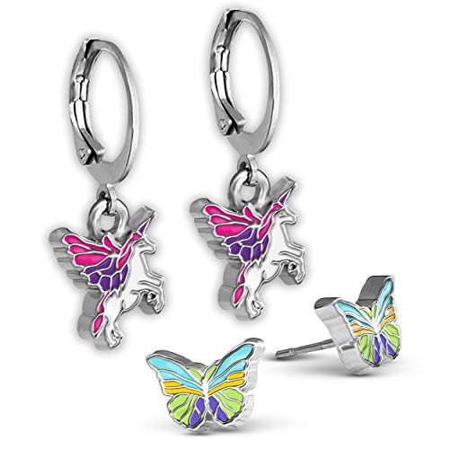 Flying Unicorn Earrings in Pink or Blue Pegasus Hoop Earrings OR BONUS SET of Bee Earrings Studs Plus Blue Unicorn Hoops OR Blue Butterfly Earrings PLUS Pink Unicorn Hoops