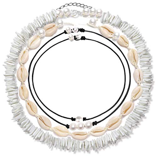 4 PCs Shell Choker White Necklace 14 inches 16 Short Beach Seashell Collar for Women Tropical Hawaiian Surfer Cowrie Leather Faux Pearls 3 Summer Jewelry Set Girls Mens