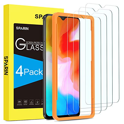 Book Cover [4 Pack] OnePlus 6T Screen Protector, SPARIN [Tempered Glass] [Anti-Scratch] [High Definition] Screen Protector with Alignment Frame