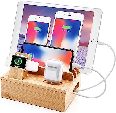 Bamboo Charger Station for Multiple Devices Sendowtek 6 in 1 USB Charging Station 5 Port for Cellphone Tablet Smart Watch Holder Earbuds Docking Station Organizer 5 Mixed Cables Included