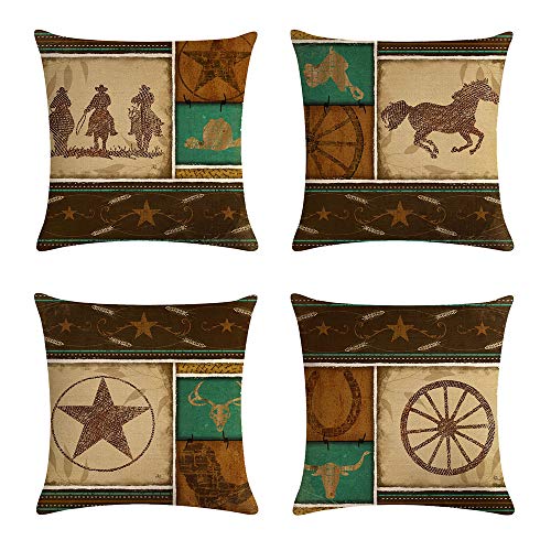 Book Cover geinne 4pack Cowboy Style Throw Pillow Case Vintage Western Cowboys Riding Horses Theme Decorative Square Cotton Linen Cushion Cover for 18 X 18 Inch Pillow Inserts (Cowboy-1)