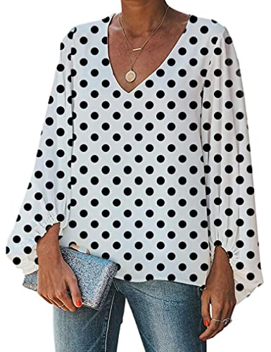 Womens V Neck Chiffon Blouses Casual Balloon Sleeve Floral Print Shirts Tops