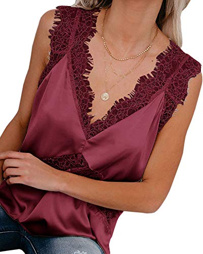 Valphsio Womens Sexy Silk Tank Top Lace V Neck Loose Sleeveless Blouse Satin Cami Shirt