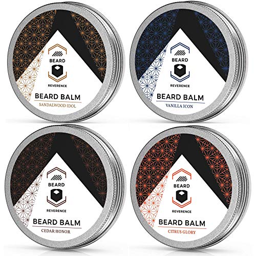 Beard Balm Variety Pack of 4 (Vanilla, Sandalwood, Cedarwood, Citrus) – Soften, Style, and Strengthen Beards and Mustaches – Made with Tea Tree, Jojoba, & Argan Oils - 1oz Each – Scented Beard Butter