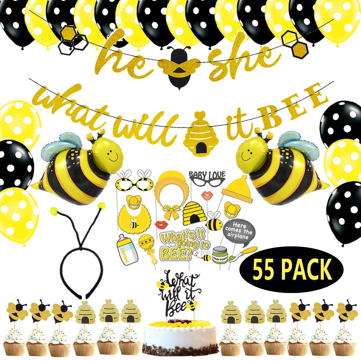 What Will It Bee Gender Reveal Party Supplies, Bumble Bee Gender Reveal Decorations for Baby Shower, Bumble Bee Banner Balloon Honeycomb Bee Cake Toppers Bee Headband for Baby Reveal Party