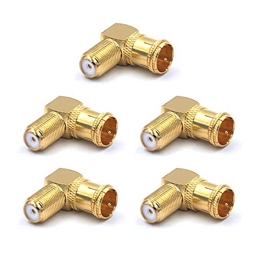 VCE 5 Pack Gold Plated Right Angle F Type RG6 Male to Female Coax Connector 90 Degree Quick Push On Adapter Plug