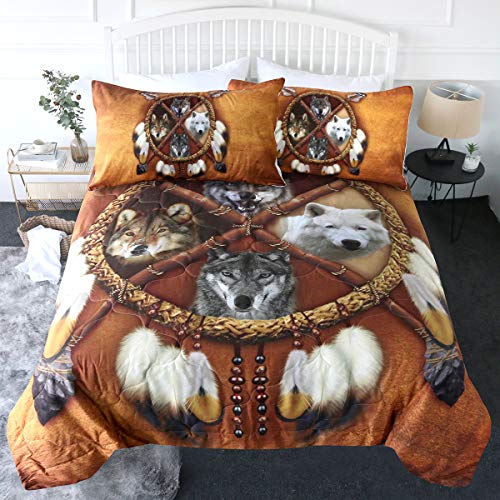 BlessLiving 3 Piece Wolf Dream Catcher Comforter Set with Pillow Shams Wolves Native Bedding 3D Printed Reversible Comforter Twin Size Bedding Sets Soft Comfortable Machine Washable, Brown Gold