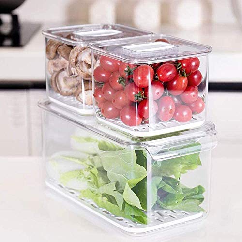 Slideep Food Storage Containers Fridge Produce Saver, Stackable Refrigerator Organizer Keeper with Removable Drain Tray for Produce, Fruits, Vegetables 3 Pack
