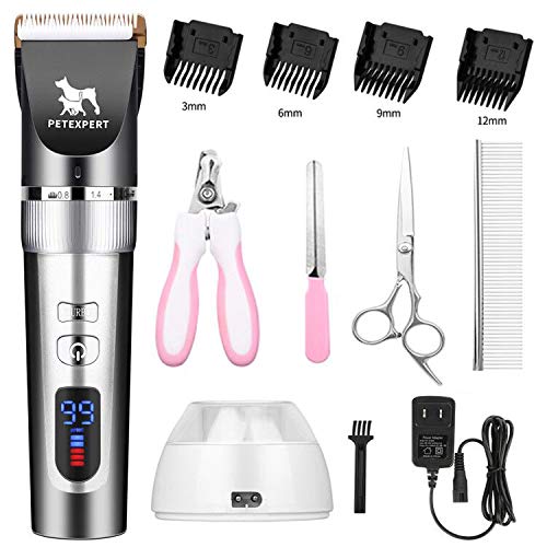 OETNAISAN PetExpert Dog Clippers Cordless Dog Grooming Clippers Kit Rechargeable Quiet Pet Hair Clippers Trimmer with 10 Dog Grooming Tools for Dogs, Cats and Other Pets