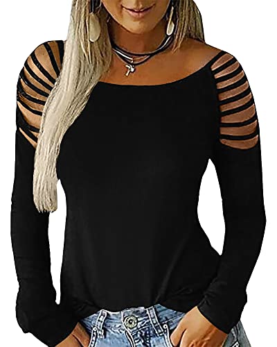 Cicy Bell Women's Long Sleeve Cold Shoulder Tops Plain Hollow Out Boat Neck Casual Blouses Shirts