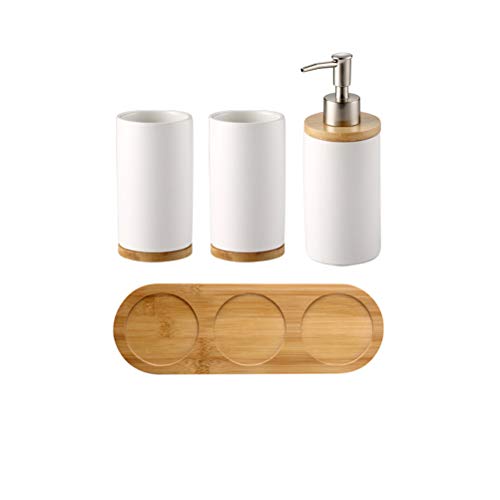 Moseason 4 Piece Ceramic Bathroom Accessories Set ，Includes: Soap Dispenser Pump, Toothbrush Holder, Tumbler with Wooden Tray