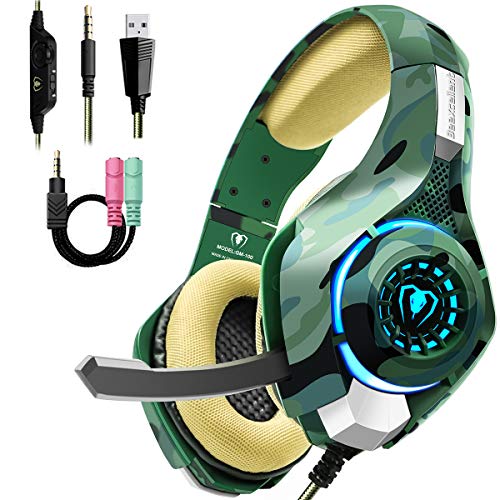 Beexcellent Gaming Headset for PS4 PC Xbox One, Stereo PS4 Gaming Headset with Noise Isolation Mic, Memory Foam Earcup, Thumb Wheel Volume Switch, Lightweight Xbox One Headset for Laptop Tablet-Camo
