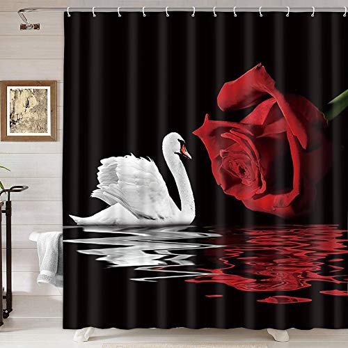 NYMB Rose Shower Curtain for Bathroom, White Swans and Romantic Love Red Roses Flowers in Water Reflections, Fabric Valentines Day Lover Bathroom Curtain with Shower Curtain 12PCS Hooks Lover Bird