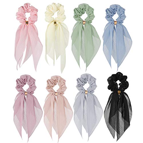 Hair Scarfs for Women Girls, Funtopia 8 Pcs Double Layer Bow Scrunchies for Hair Bunny Ear Scrunchies with Assorted Colors, Elegant Scarf Hair Ties Bowknot Ponytail Holder for Party Travel Daily